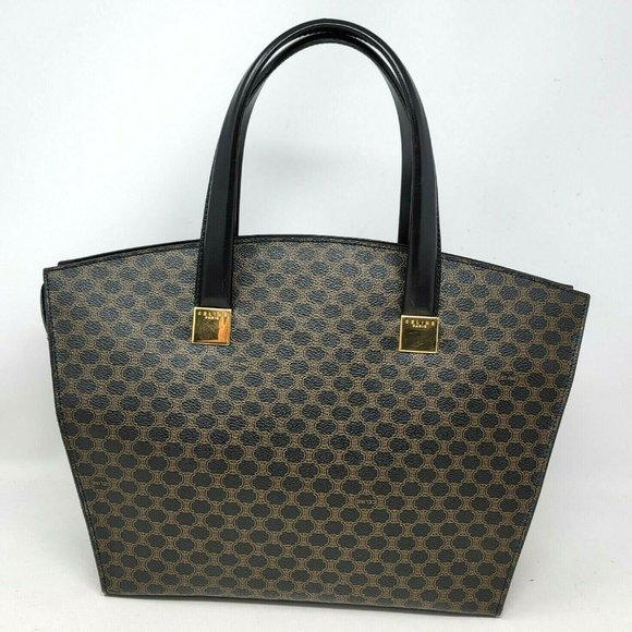 Vintage Celine Triomphe Canvas Black Leather Medium Shoulder Tote Hand Bag Auth - Picture 6 of 16